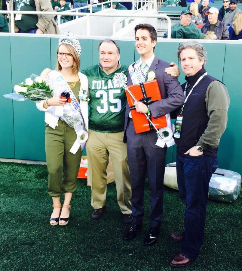 Chris+Halbohn+and+Piper+Browne%2C+pictured+here+with+President+Michael+Fitts%2C+are+the+2014+Homecoming+king+and+queen.