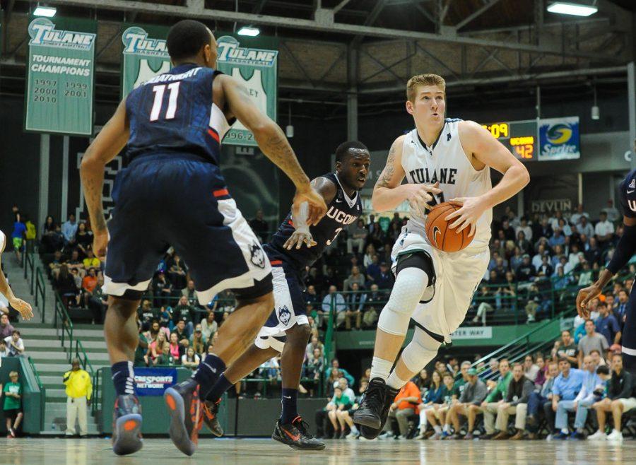 Freshman center Dylan Osetkowski drives to the hoop in the 62-53 loss in the first meeting against UConn February 7 in Devlin Fieldhouse. In his second matchup against the Huskies Sunday, Osetkowski scored 12 points in the 67-60 loss in Connecticut. 