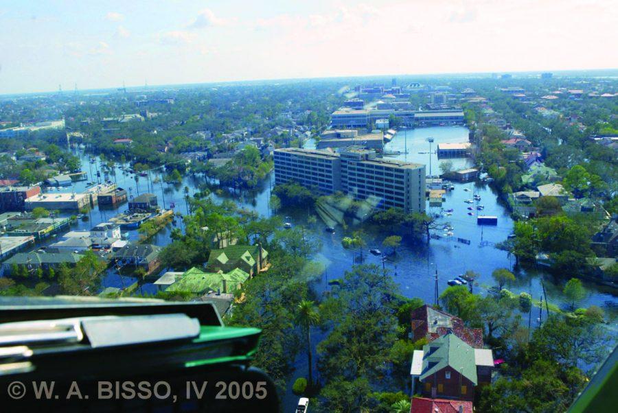 An aerial view of the flooding that occurred on Tulanes campus after Hurricane Katrina struck in August 2005. 