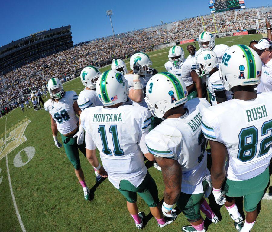 Senior quarterback Nick Montana addresses the huddle in the 20-13 loss Oct. 18 to Central Florida. The Green Wave next play the UCF Saturday at Yulman Stadium. 