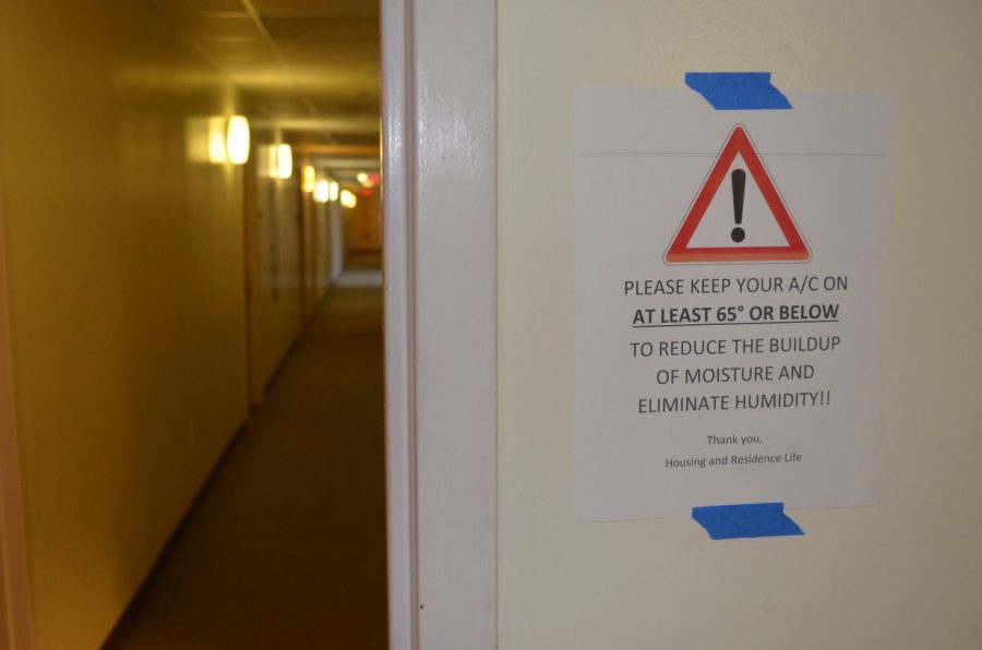 Signs put up by Mayer building officials urge students to keep rooms cool to avoid moisture buildup.