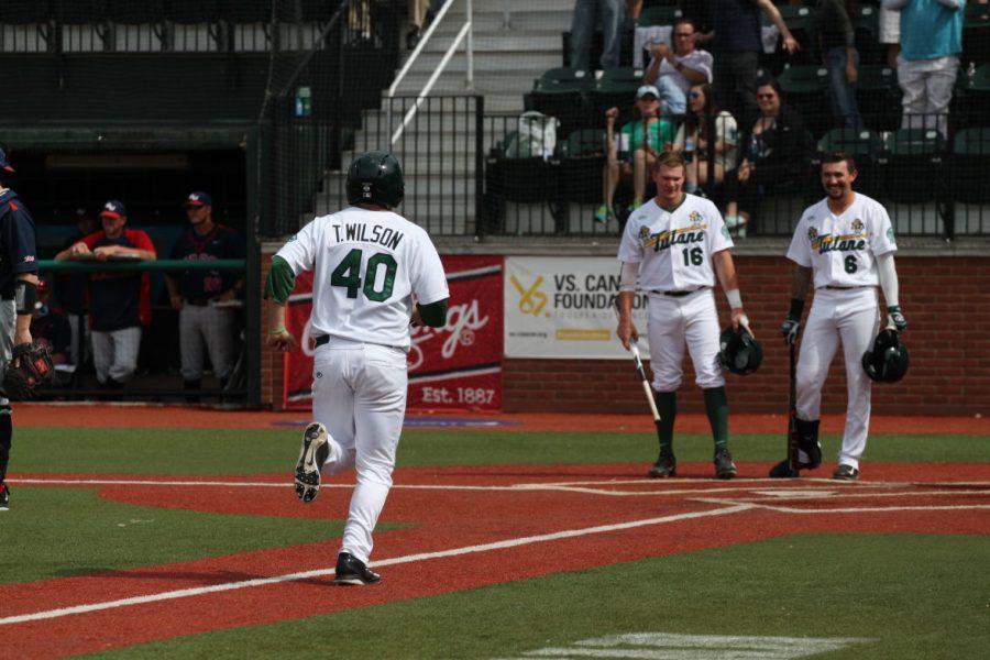 Former senior Tyler Wilson finishes rounding the bases after his first home run as a Green Wave member in the final game in a three game series against Gonzaga March 8, 2015 in Turchin Stadium. The Wave went 1-3 against the Bulldogs. 