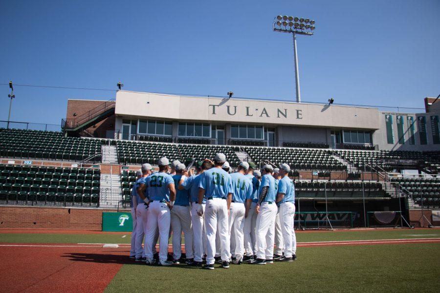 The team huddles during a fall ball practice in Turhcin Stadium. Baseball ended its fall ball practices with alumni weekend. The teams spring season will begin on February 17 with a home game against Army.