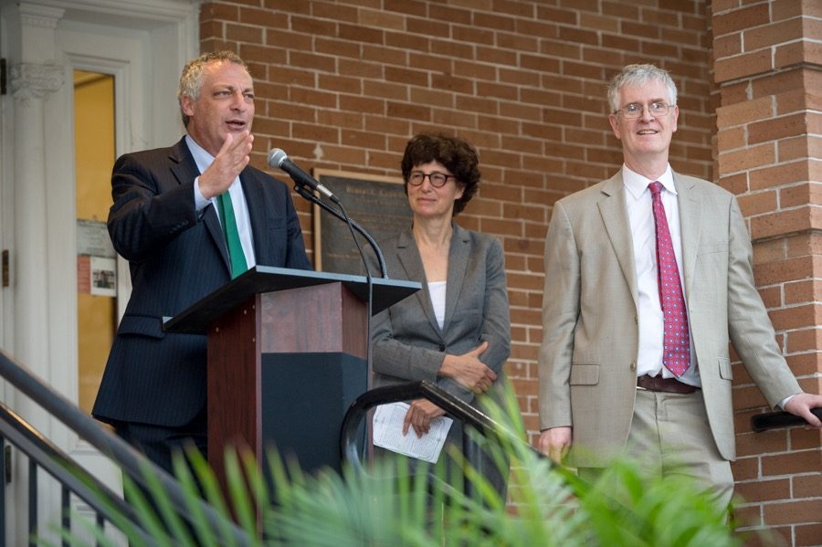 Tulane faculty members and affiliates speak at the opening of the Center for Academic Equity on Feb. 13 outside Robert C. Cudd Hall. 