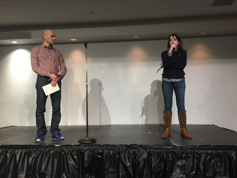 Producer Ari Daniel Shapiro and artistic director Erin Baker speak about the 2010 Deepwater Horizon oil spill on Monday at the Story Collider show.