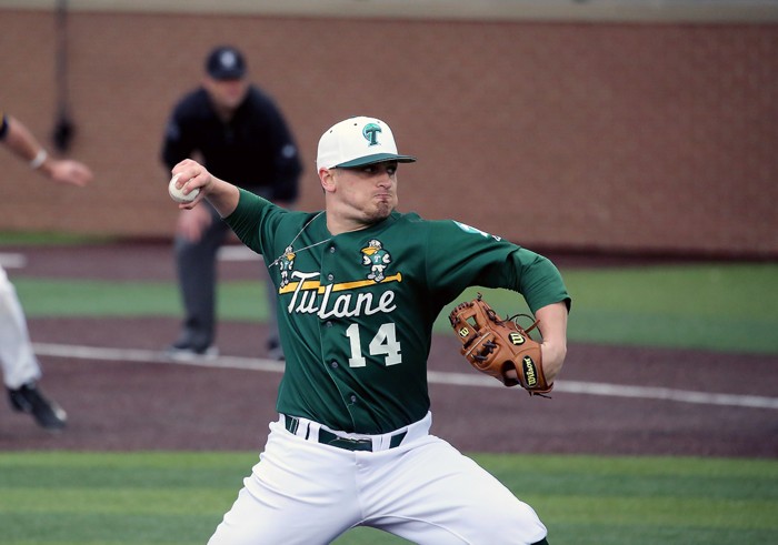 Redshirt junior pitcher J.P. France delivers a pitch and would be on the mound for seven shutout innings during Tulanes 6-0 win against West Virginia on March 4. Baseball begins a four game weekend series against San Diego on Thurs. March 9 at Greer Field at Turchin Stadium.