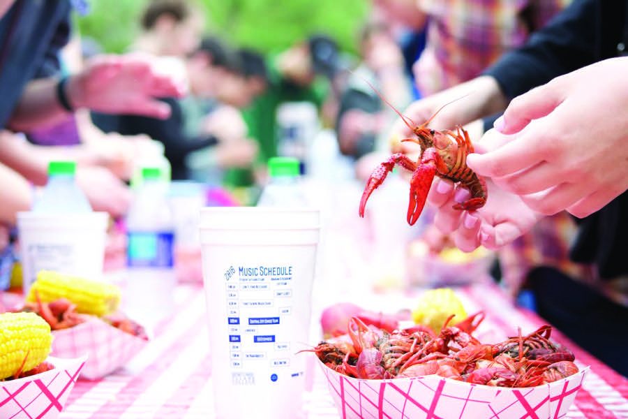 Crawfest 2016 attendees enjoy the events namesake food. This year marks the 11th Crawfest celebration, offering food, music and family friendly fun Saturday at the Lavin-Bernick Center for University Life and Newcomb Quadrangles.