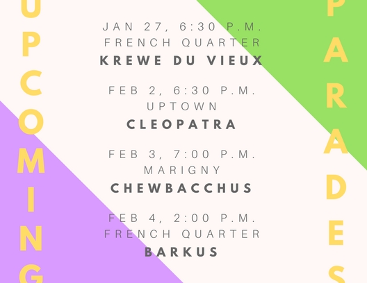 Many krewes host parades in the weeks before Mardi Gras. Krewe du Vieux, Cleopatra, Chewbacchus and Barkus are among the most popular early parades for Tulane students. 