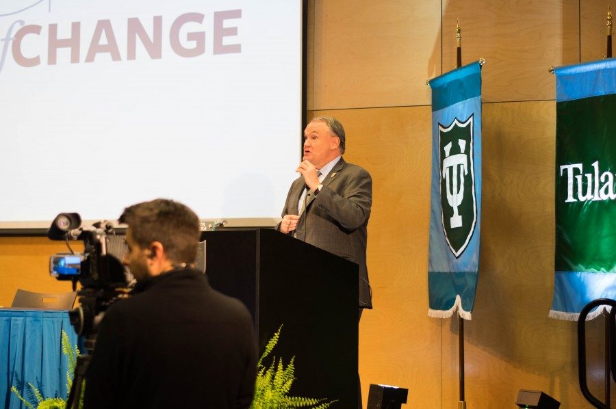 A 2018 photograph of President Mike Fitts at a prior sexual violence town hall as part of the All In campaign at Tulane University.