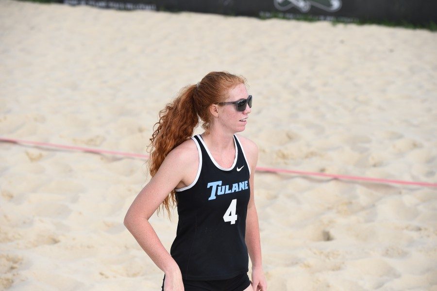 Senior+Madeline+Mertz+looks+on+in+a+match.+Mertz+is+only+the+second+Green+Wave+beach+volleyball+player+to+have+100+career+wins.