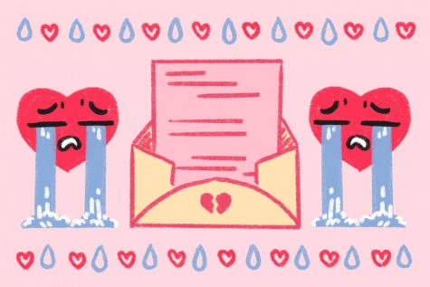 two hearts crying around a letter with broken hearts on the envelope