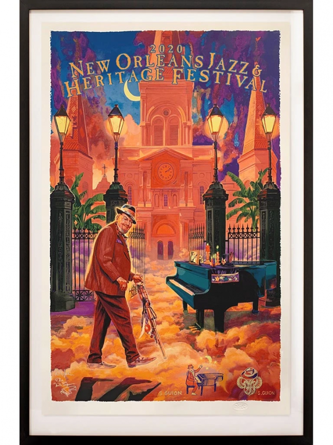 jazz fest poster feature man walking towards piano