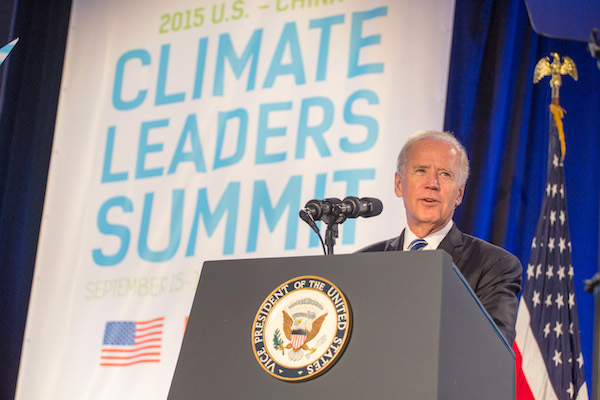 Vice President Joe Biden gives remarks at the U.S. - China Climate Leaders Summit, held at the JW Marriott hotel, in Los Angeles, California, Sept. 16, 2015. Also in attendance is Mayor Eric Garcetti of Los Angeles. (Official White House Photo by David Lienemann)