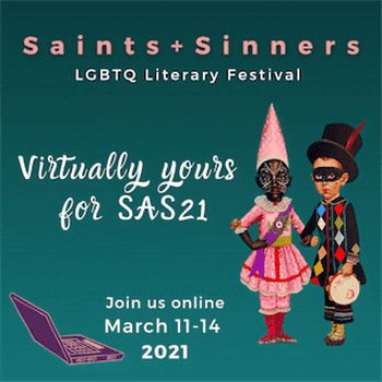 poster advertising the 2021 literary festival saints and sinners which highlights lgbtq+ writers