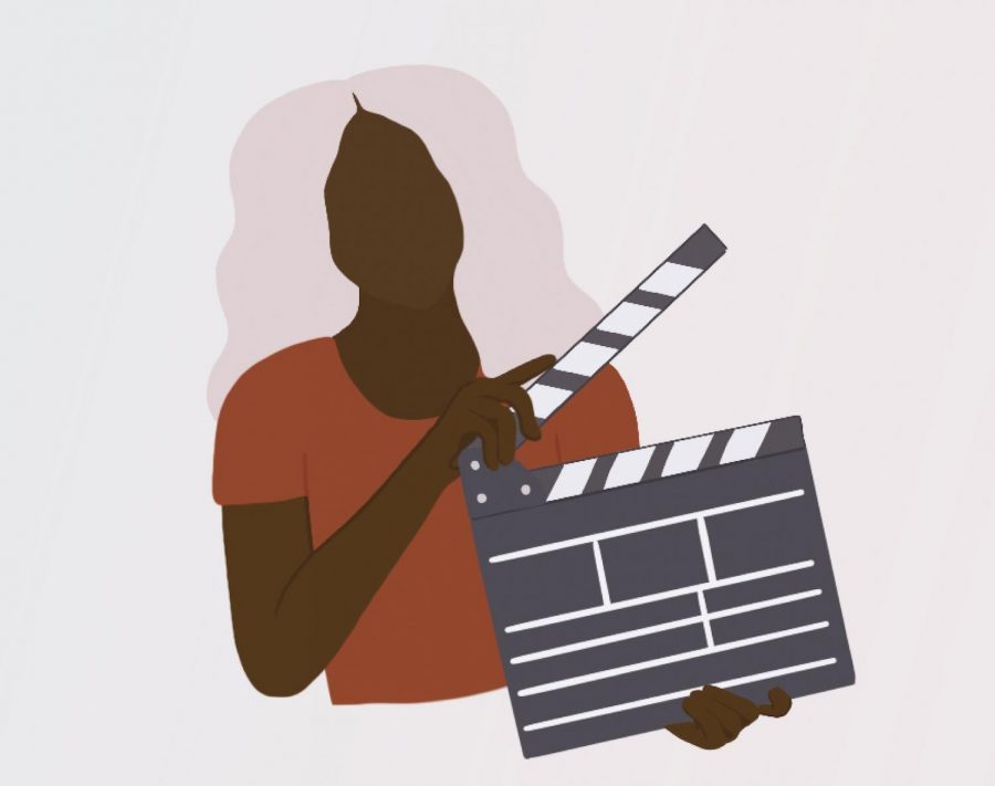 a drawing of a woman directed holding a film slate