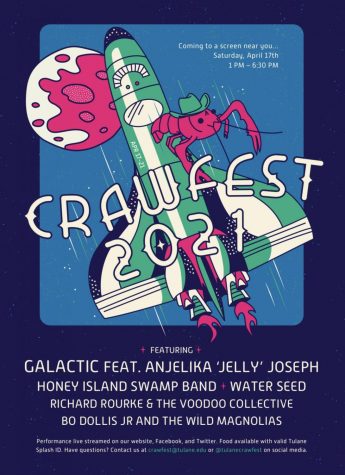 poster with rocket and crawfish with words crawfest 2021 and then list of bands