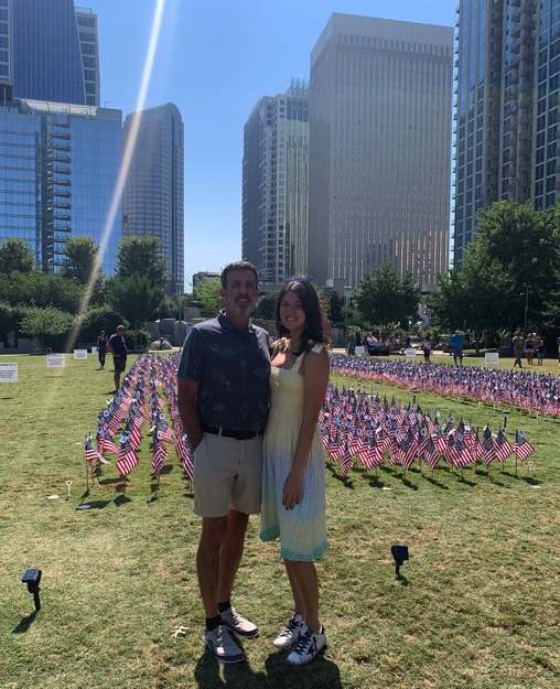 My dad and I stand in front of the 9/11 memorial in Charlotte. 