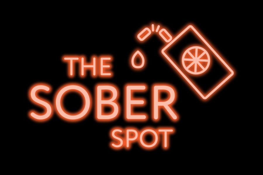 Neon graphic that says, The Sober Spot, with a picture of a drink carton.