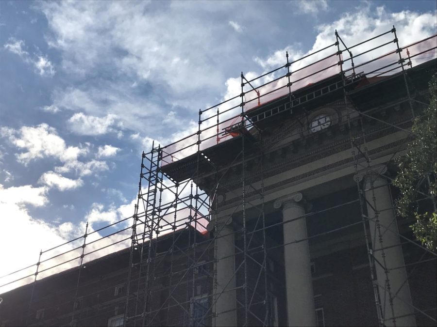 Newcomb Hall remains covered in scaffolding after Hurricane Ida.
