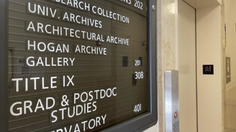 A photograph of a sign in Tulane Universitys Joseph Merrick Jones Hall, which houses the Title IX office.