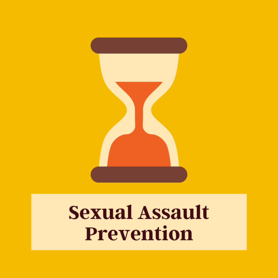 A graphic of an hourglass with sand running down and the words Sexual Assault Prevention in a box underneath it, representing the response to Tulane sexual violence.