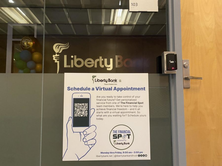 Liberty Bank is located on the first floor of the Lavin-Bernick Center. 
