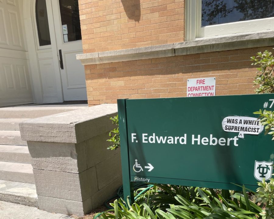This week, a small cutout read, “was a white supremacist, next to the “F. Edward Hebert sign. It was quickly removed. 
