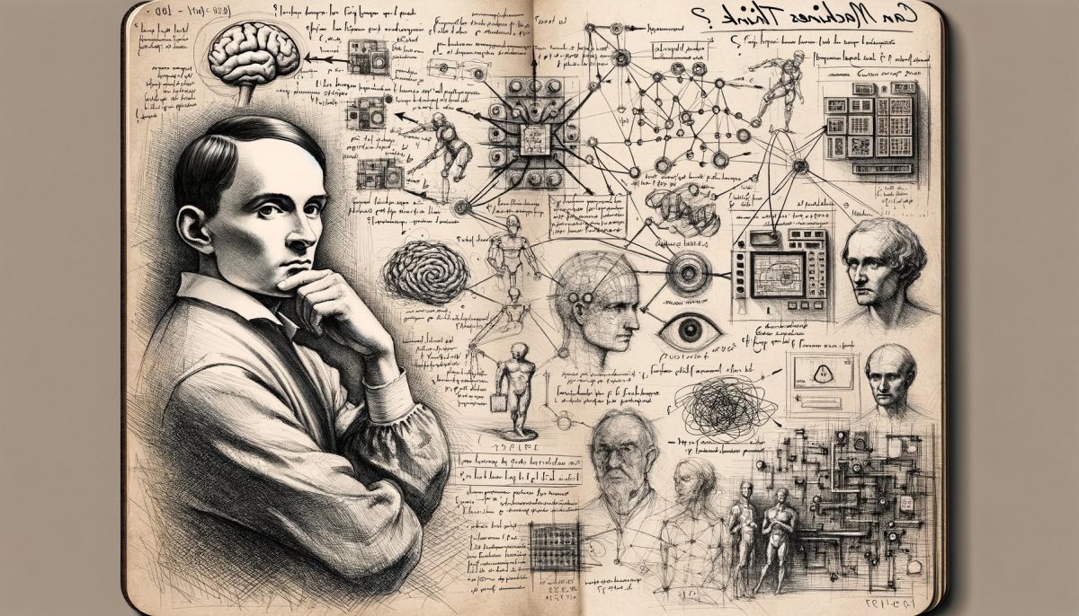 Colin Norton, a senior studying finance and accounting, rendered these images depicting the evolution of AI using Dall-E. This one portrays Alan Turing in the style of Leonardo da Vincis lab notebook.