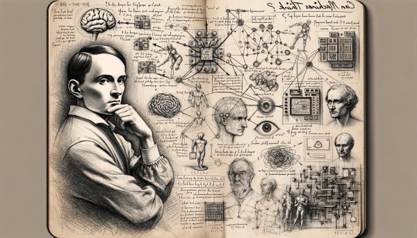 Colin Norton, a senior studying finance and accounting, rendered these images depicting the evolution of AI using Dall-E. This one portrays Alan Turing in the style of Leonardo da Vincis lab notebook.