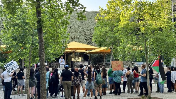 Students gathered in Pocket Park Wednesday evening in protest of Hillel hosting a dinner with an IDF soldier. 