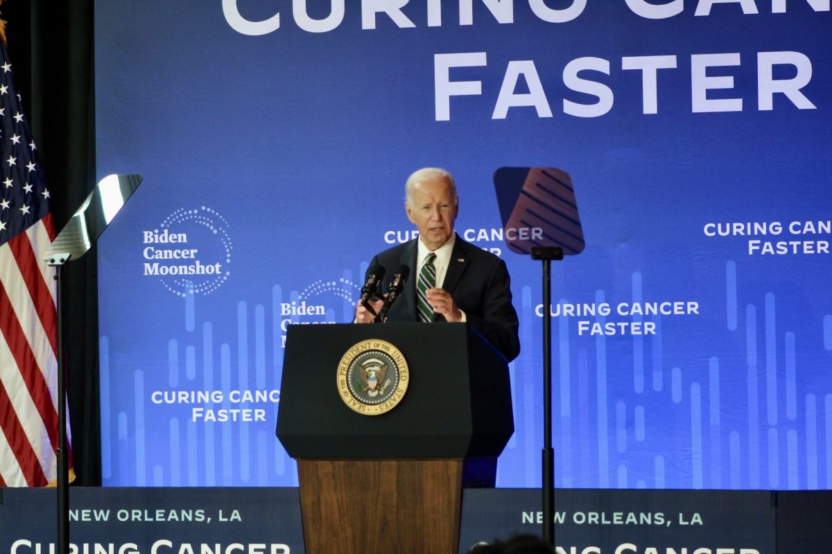 President Biden addresses a small crowd in Tulane’s A.B. Freeman School of Business on Tuesday afternoon.