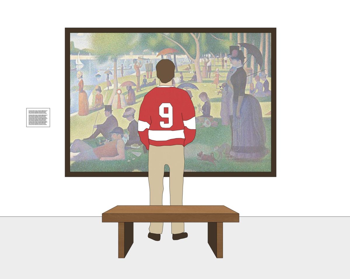 A depiction from the scene in Ferris Bueller's Day off when Ferris observes a painting.