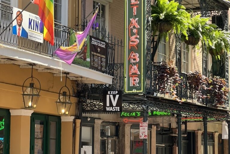 Posters advocating for IV Waste services can be found around the French Quarter.