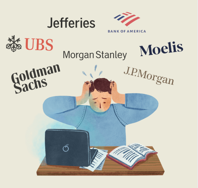 Graphic depicting stress of student struggling with investment banking job search.