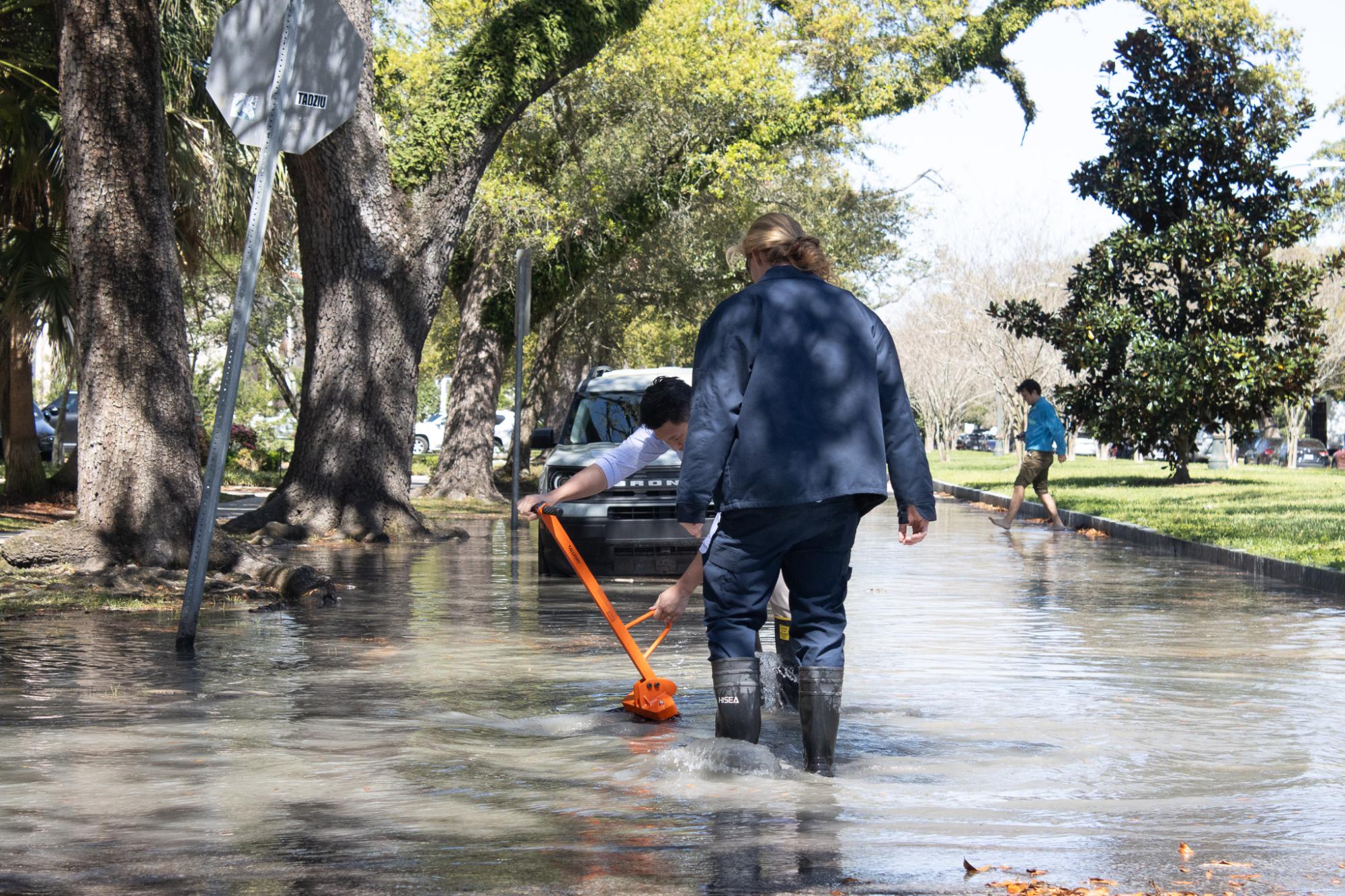 Willow and Audubon Streets are flooded with several inches of water after a 30-inch water main broke right by Tulane University’s Uptown campus on Thursday afternoon. Water depth reached 8 inches in the area closest to the break.