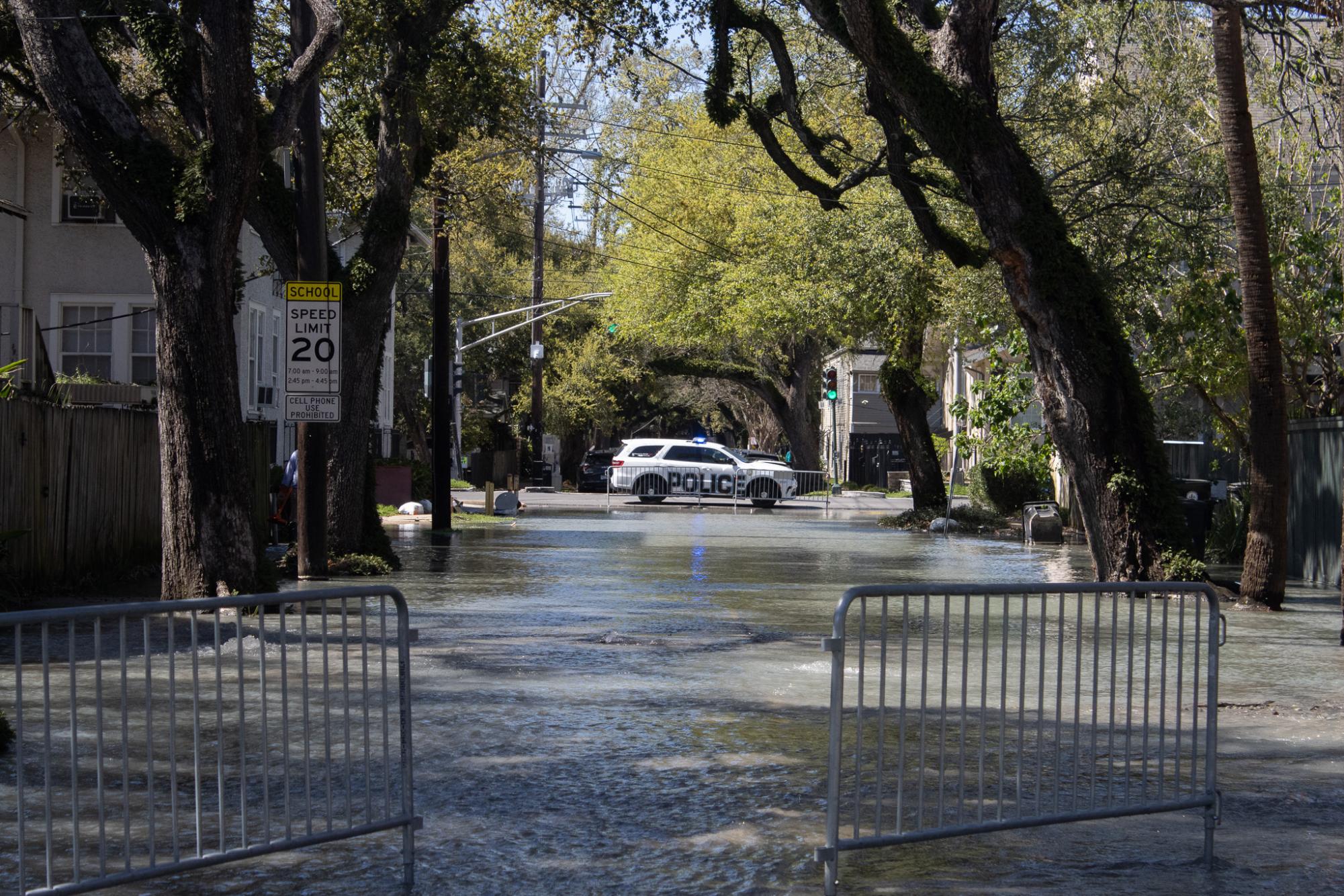 Willow and Audubon Streets are flooded with several inches of water after a 30-inch water main broke right by Tulane University’s Uptown campus on Thursday afternoon. Water depth reached 8 inches in the area closest to the break.