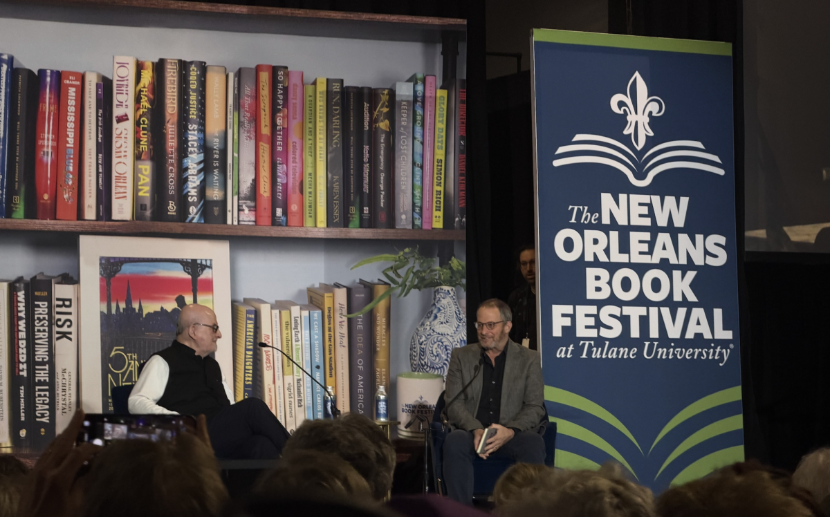 Novelist Salman Rushdie speaks with journalist George Packer at Friday morning at Book Fest.