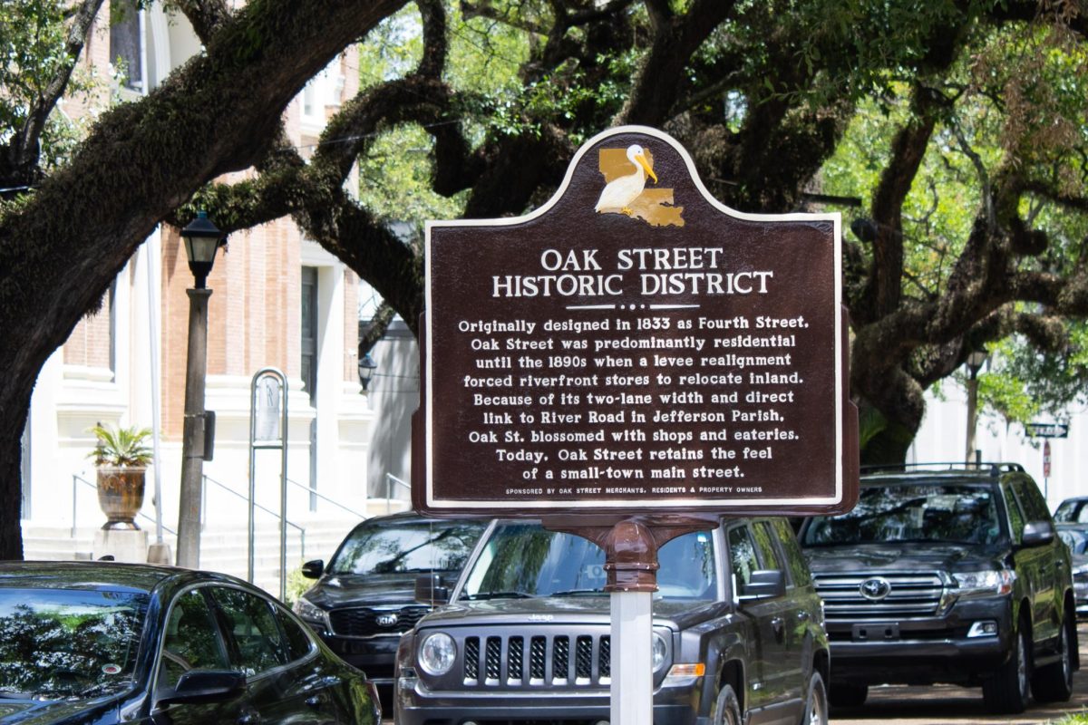 The newly installed historical district marker sits at the intersection of Carrolton Avenue and Oak Street